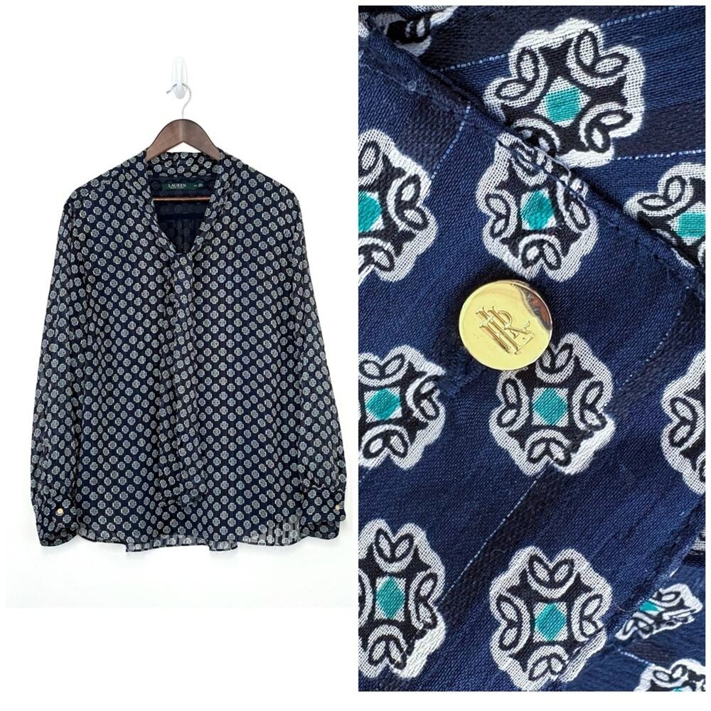 Lauren Ralph Lauren Neck Tie Blouse Women Plus Sz 2X Navy Geometric Long Sleeve